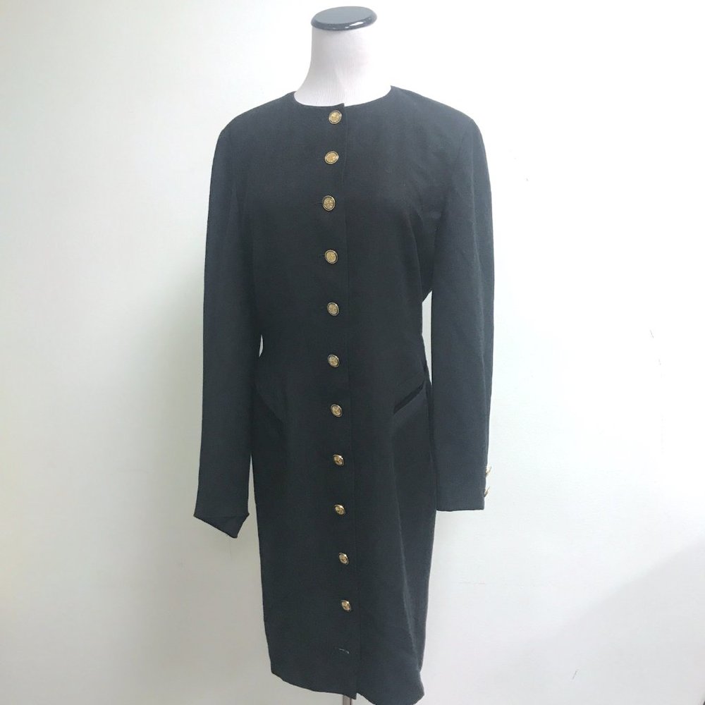 Louis Feraud black midi wool classic coat dress gold logo buttons Vintage 8